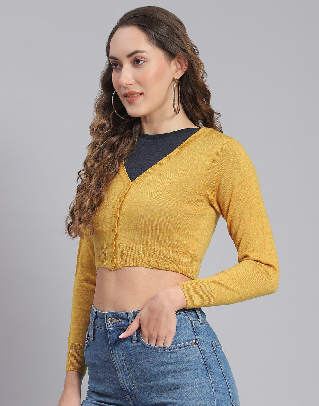 Women Mustard Solid V Neck Full Sleeve Blouse