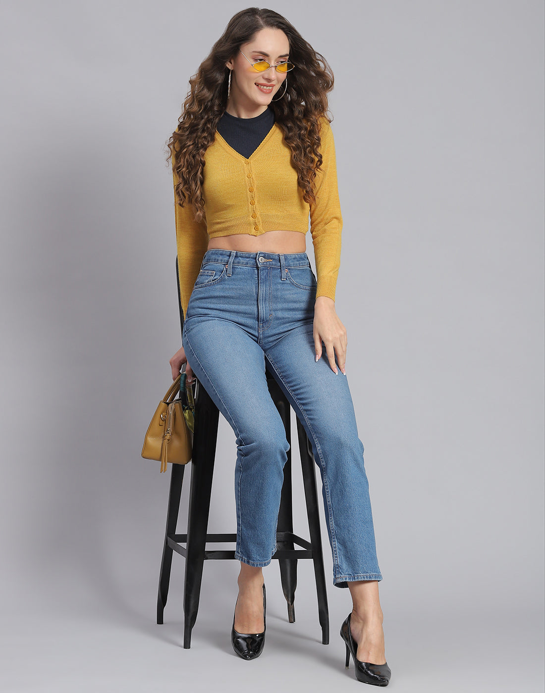 Women Mustard Solid V Neck Full Sleeve Blouse