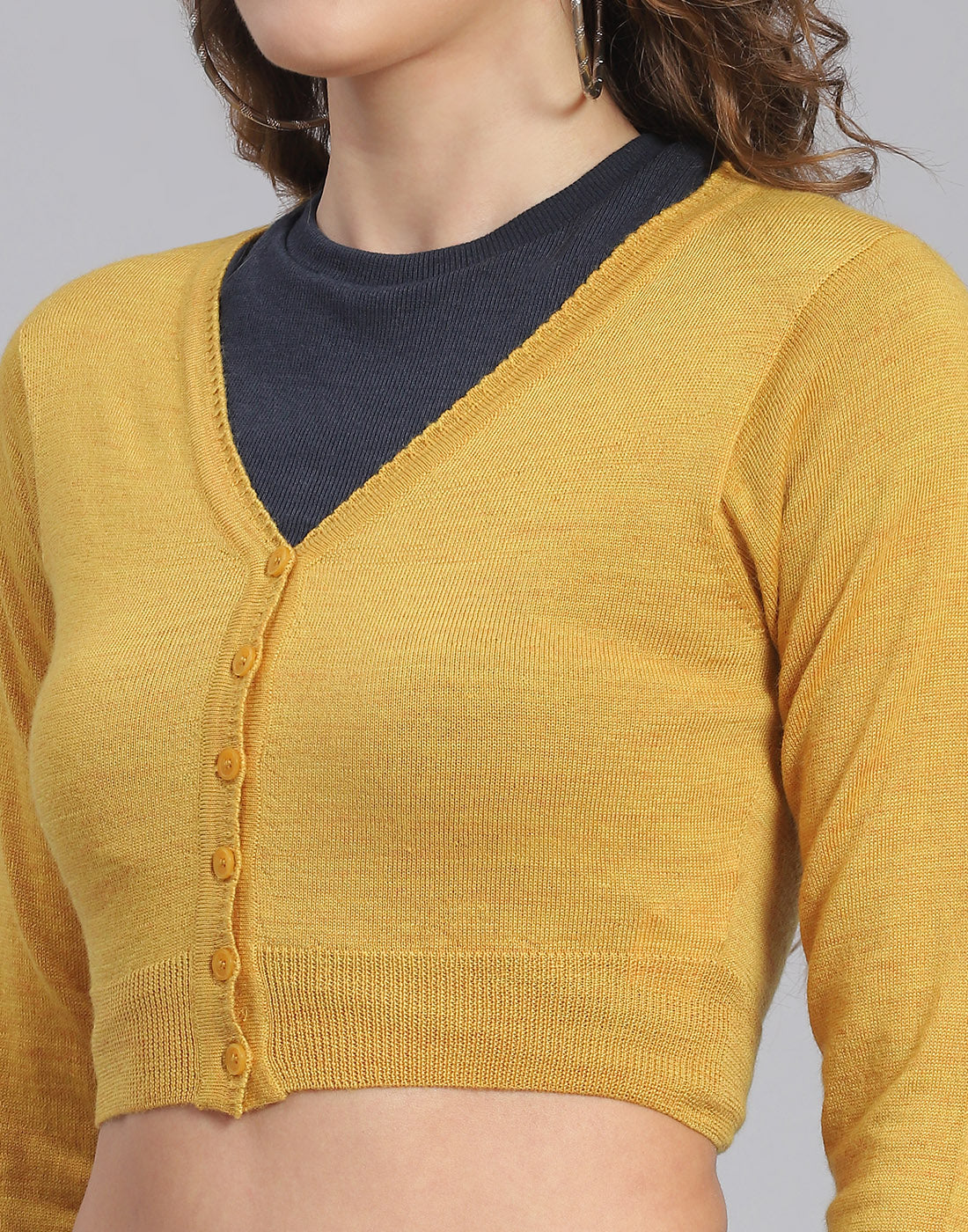 Women Mustard Solid V Neck Full Sleeve Blouse