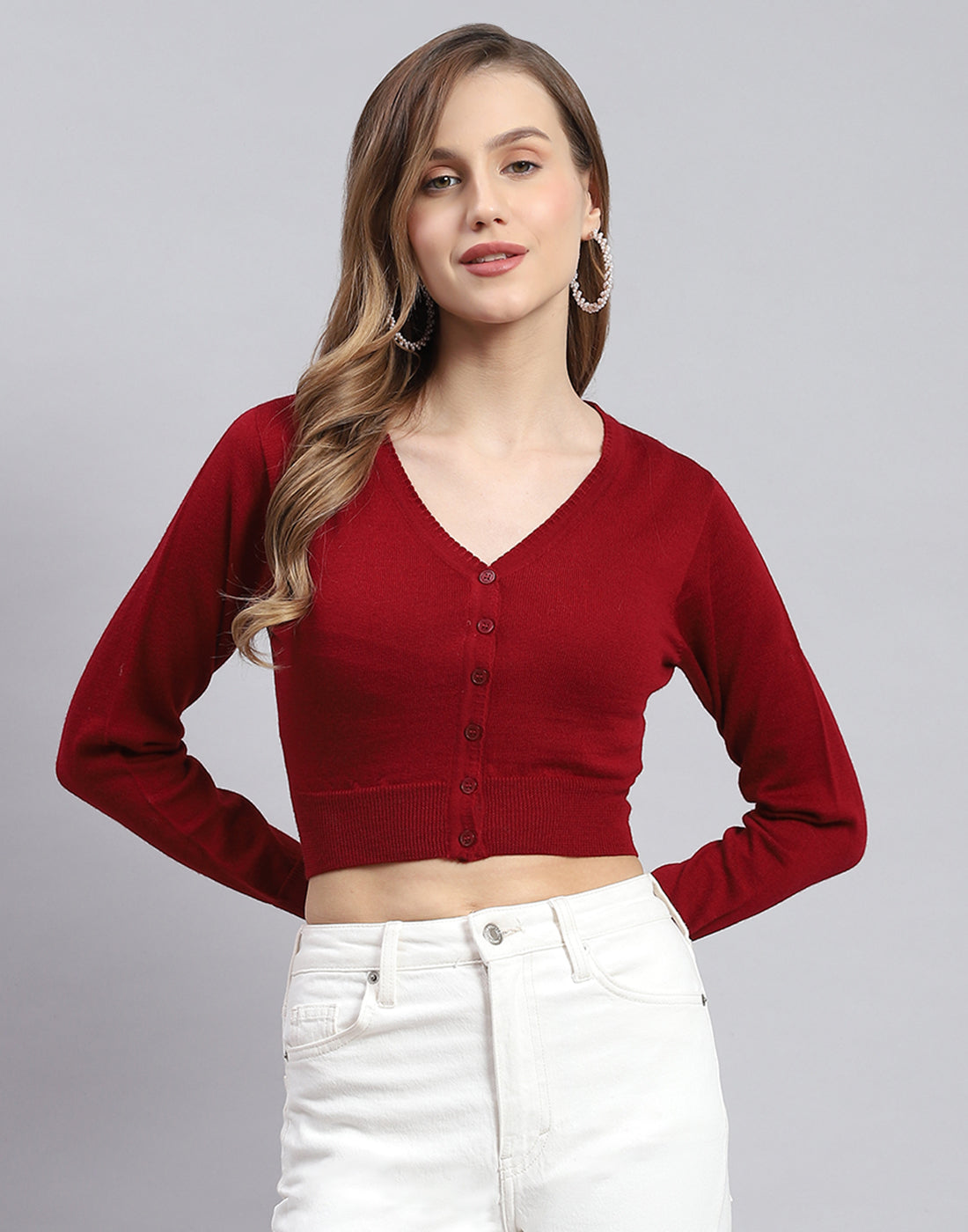 Women Maroon Solid V Neck Full Sleeve Blouse