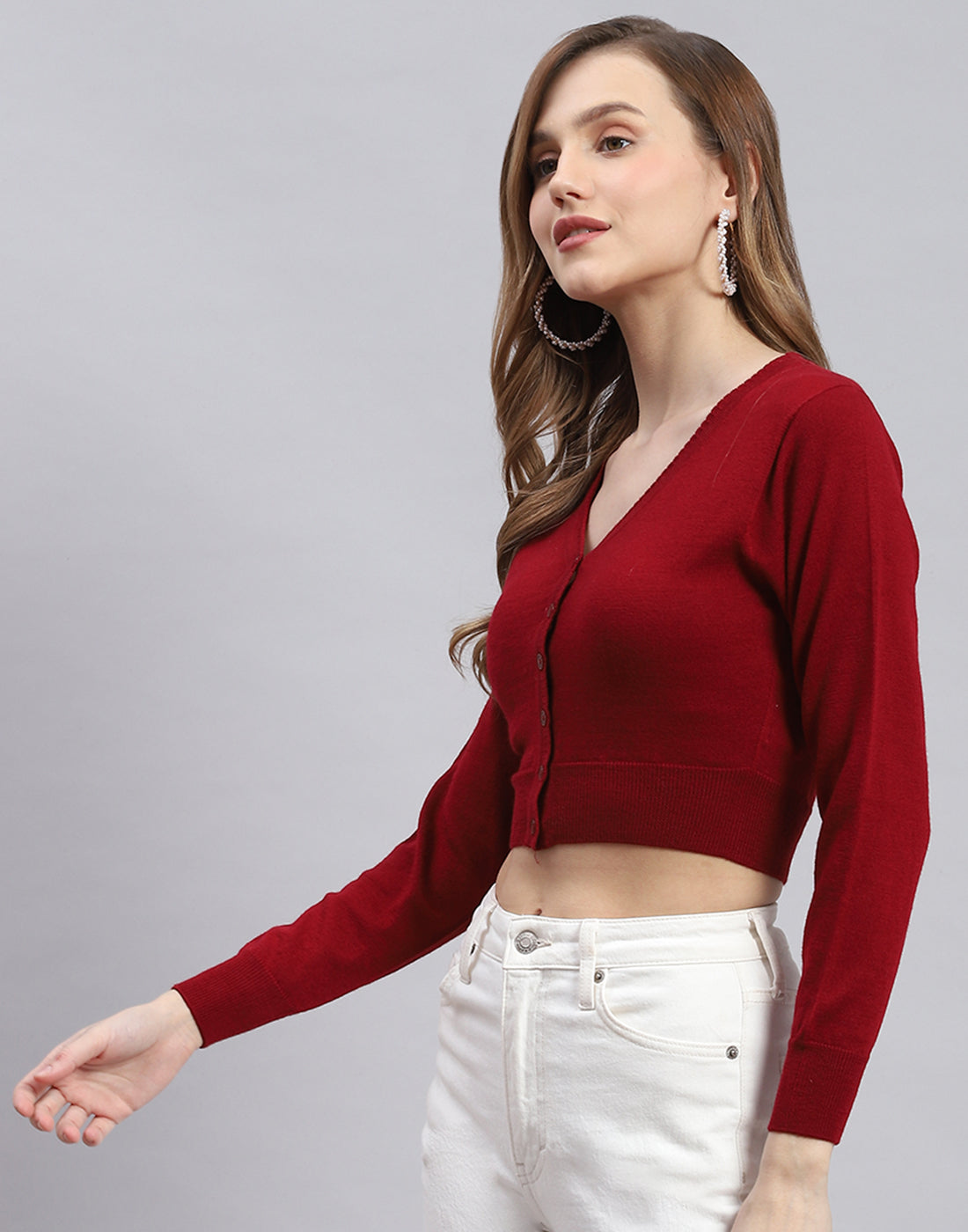 Women Maroon Solid V Neck Full Sleeve Blouse