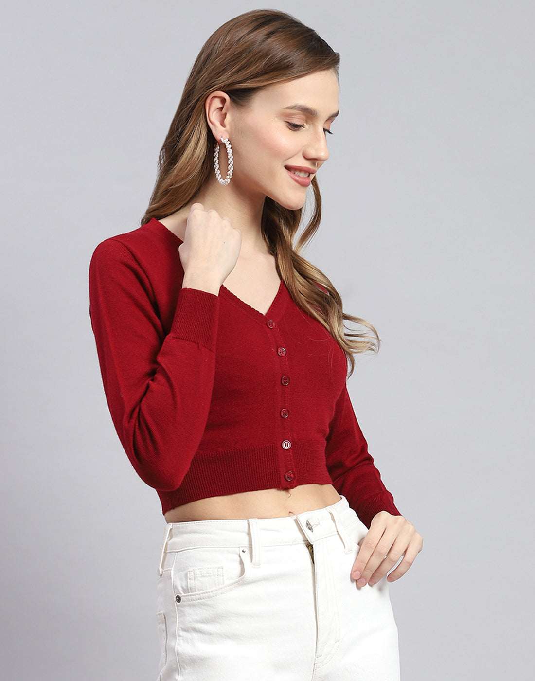 Women Maroon Solid V Neck Full Sleeve Blouse