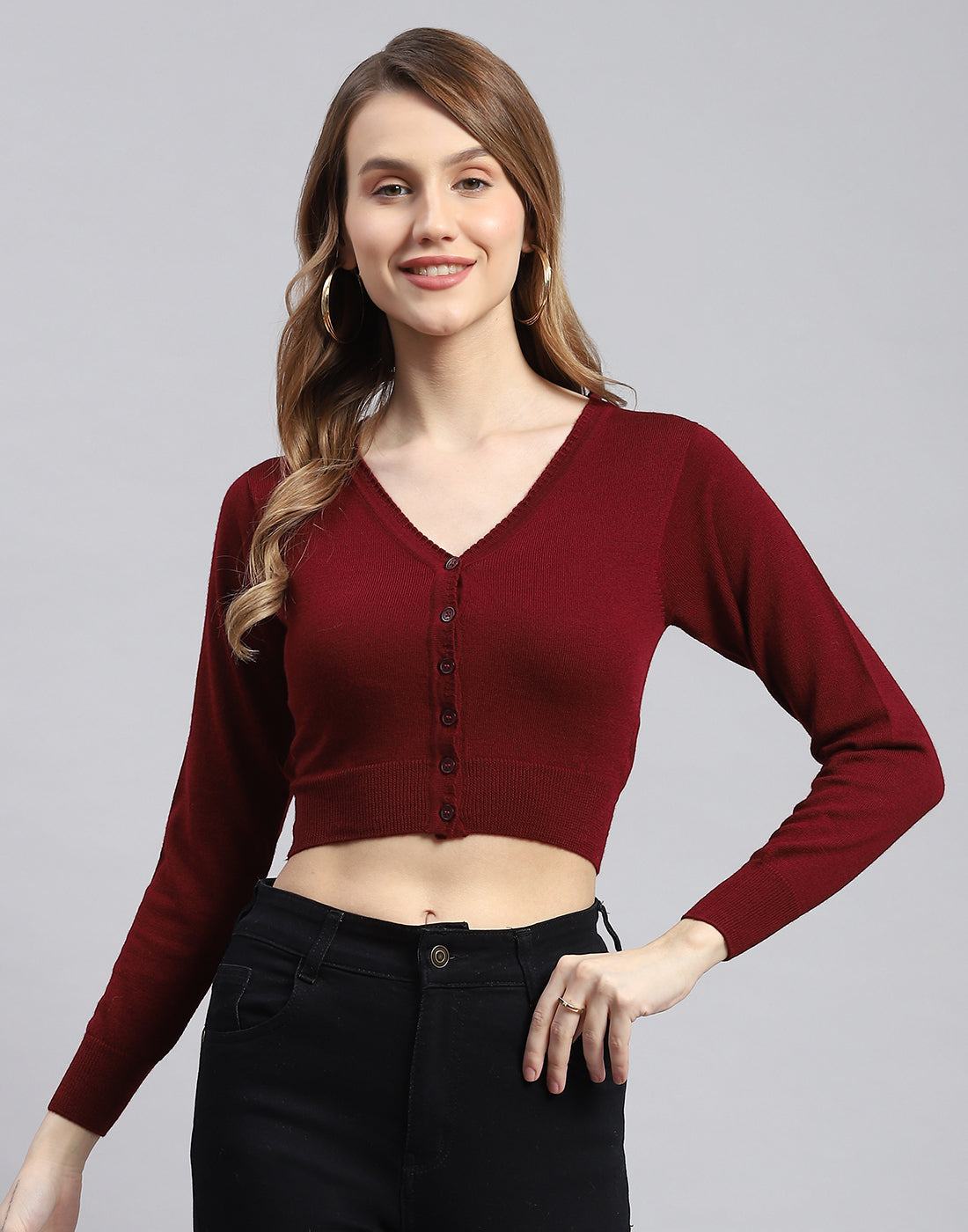 Women Maroon Solid V Neck Full Sleeve Blouse