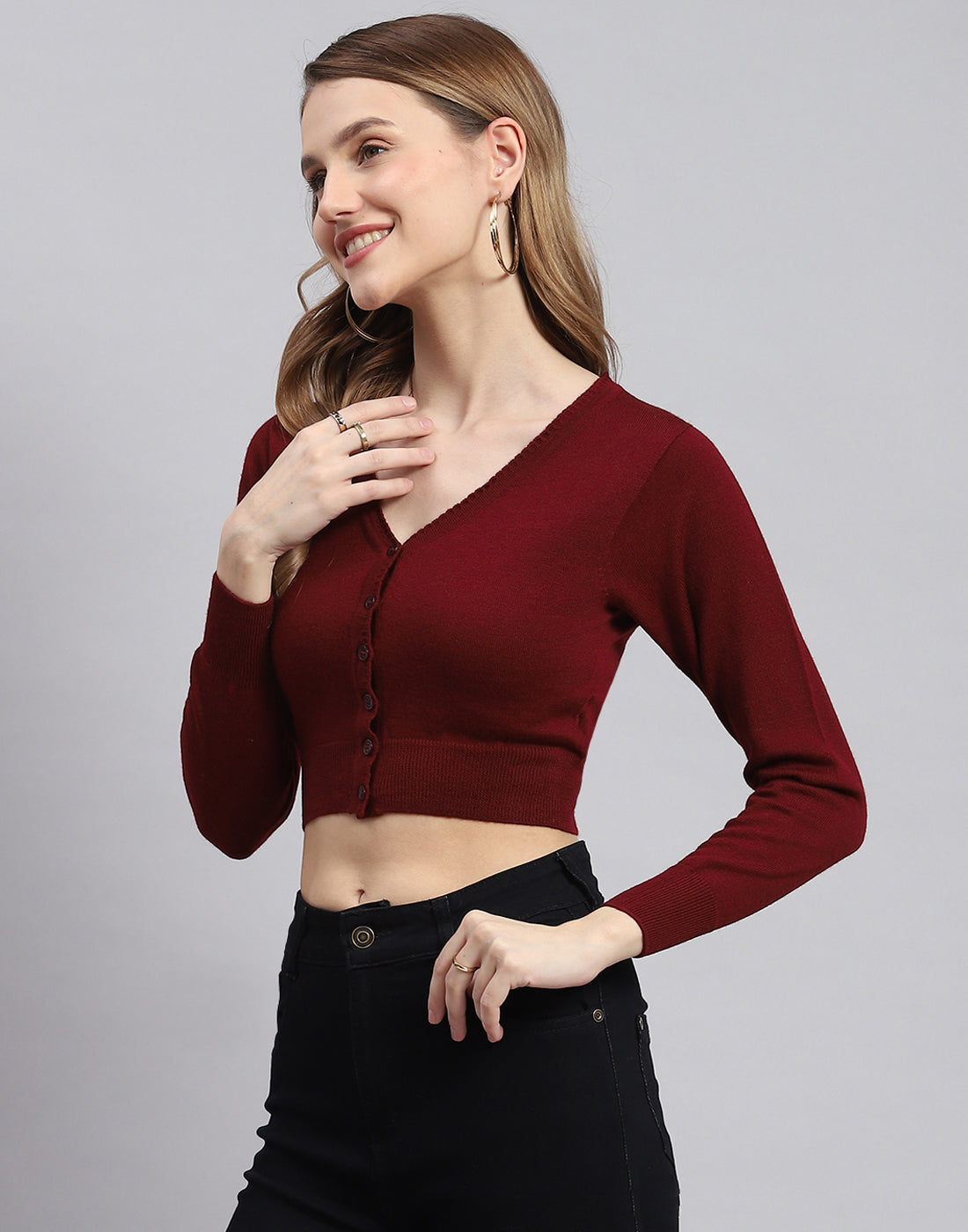 Women Maroon Solid V Neck Full Sleeve Blouse