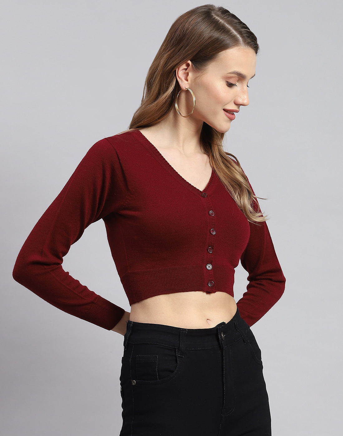 Women Maroon Solid V Neck Full Sleeve Blouse