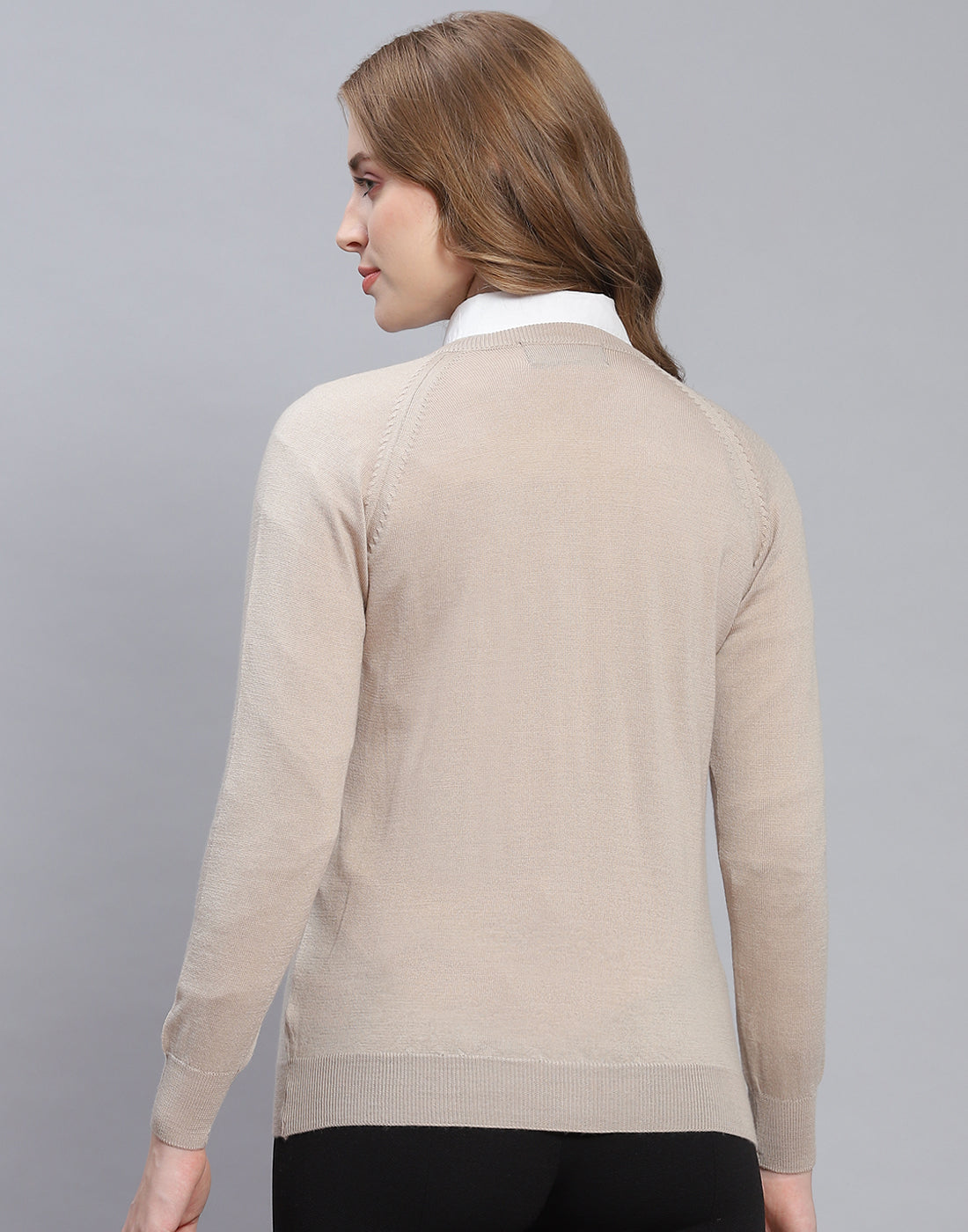 Women Beige Solid Round Neck Full Sleeve Cardigan