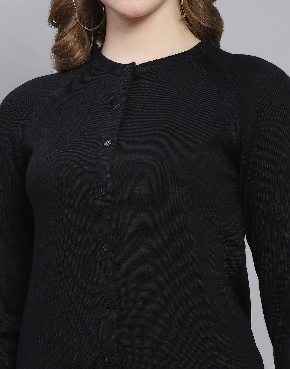 Women Black Solid Round Neck Full Sleeve Cardigan