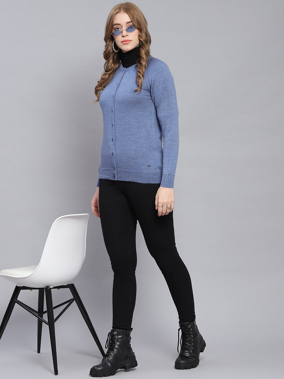 Women Blue Solid Round Neck Full Sleeve Cardigan