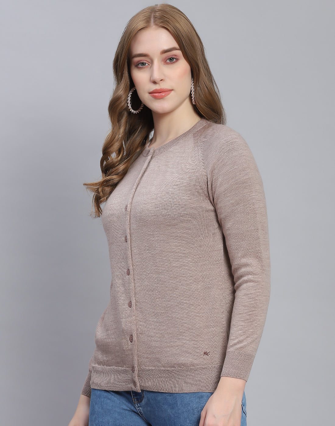 Women Beige Solid Round Neck Full Sleeve Cardigan