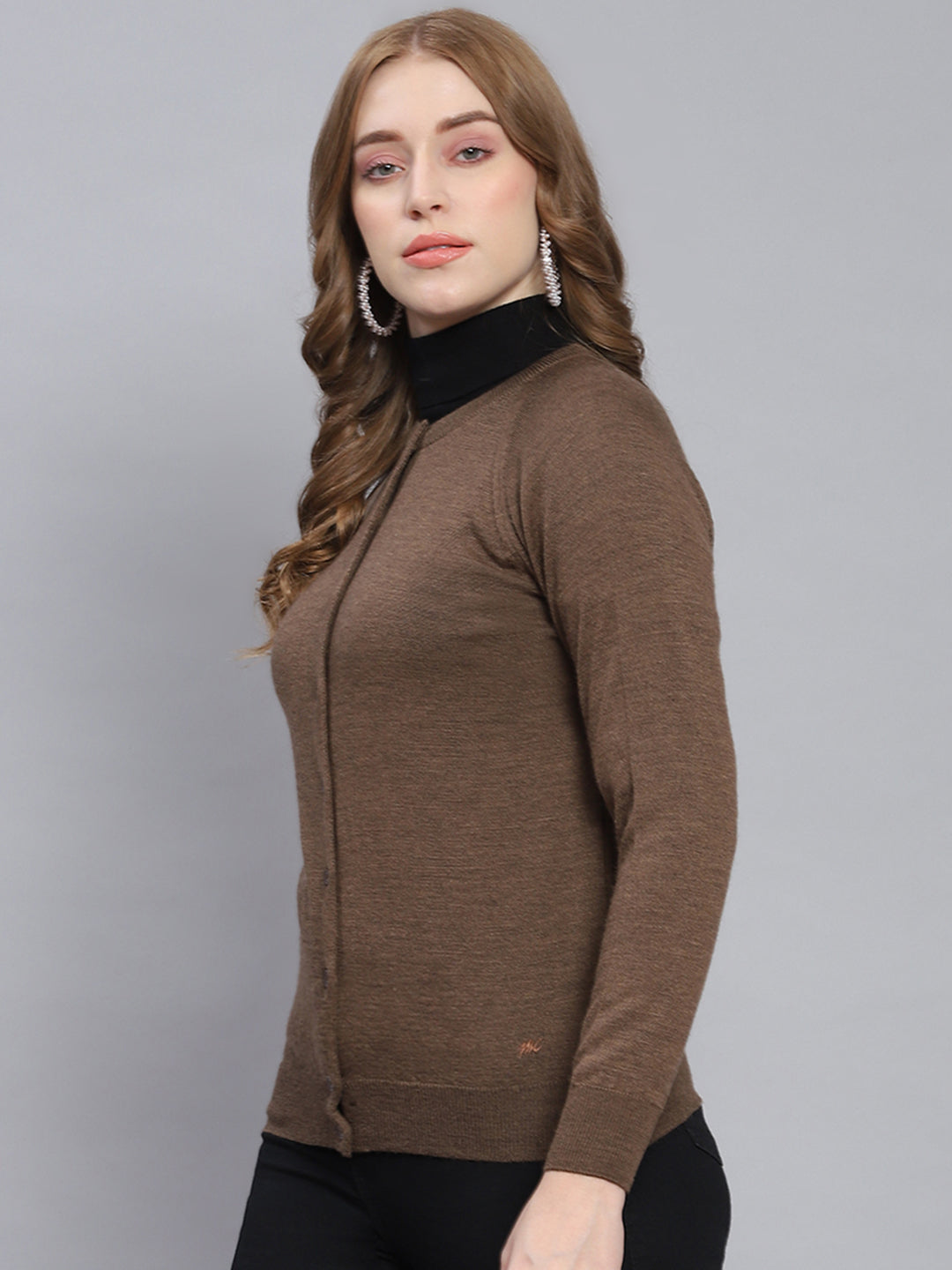 Women Brown Solid Round Neck Full Sleeve Cardigan