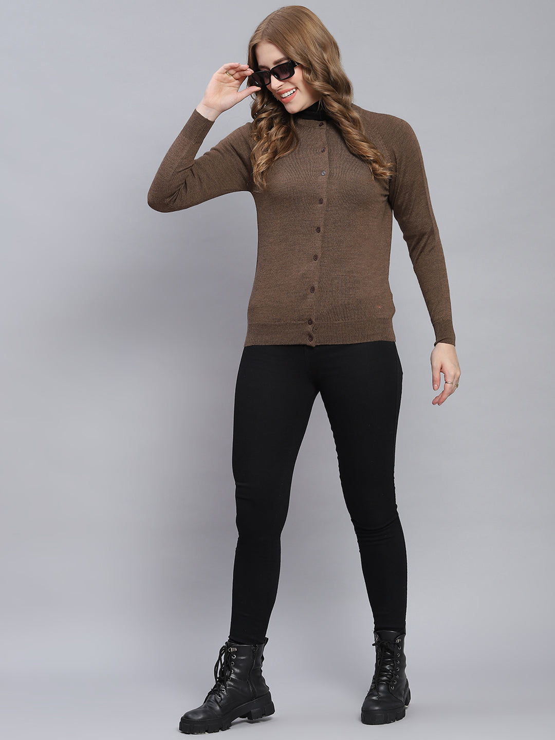 Women Brown Solid Round Neck Full Sleeve Cardigan