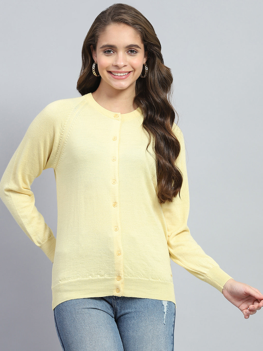 Women Yellow Solid Round Neck Full Sleeve Cardigan