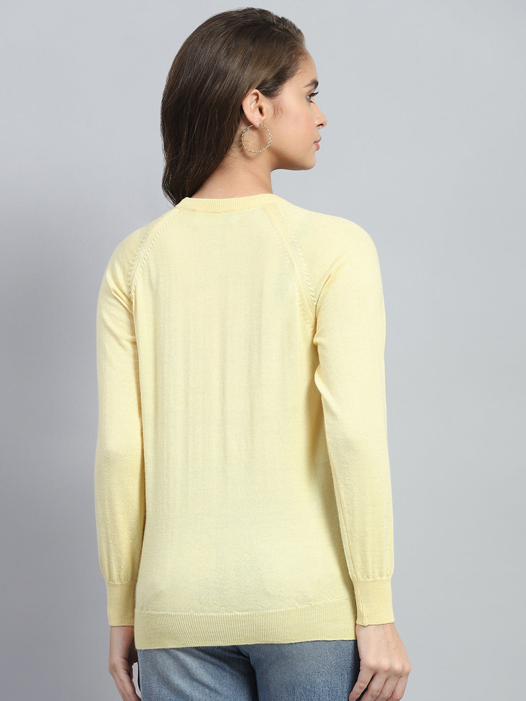 Women Yellow Solid Round Neck Full Sleeve Cardigan