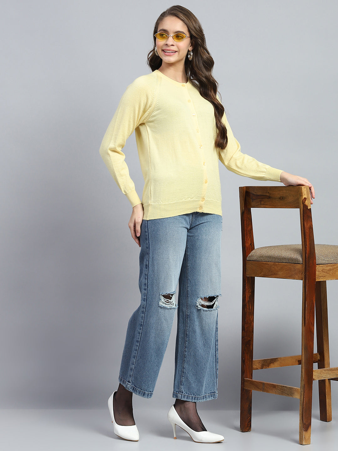 Women Yellow Solid Round Neck Full Sleeve Cardigan