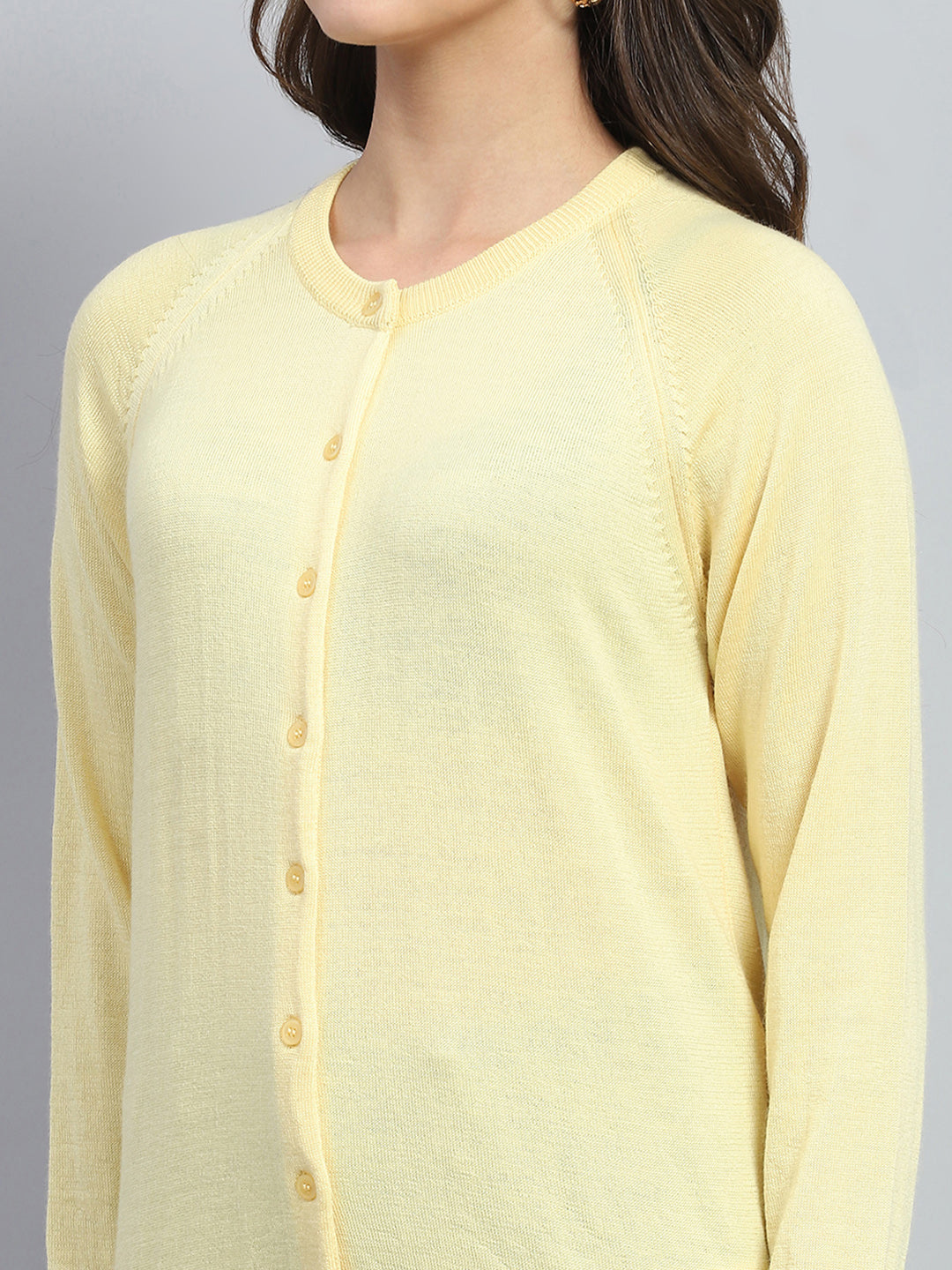 Women Yellow Solid Round Neck Full Sleeve Cardigan