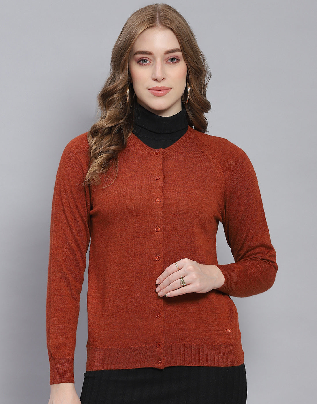 Women Rust Solid Round Neck Full Sleeve Cardigan