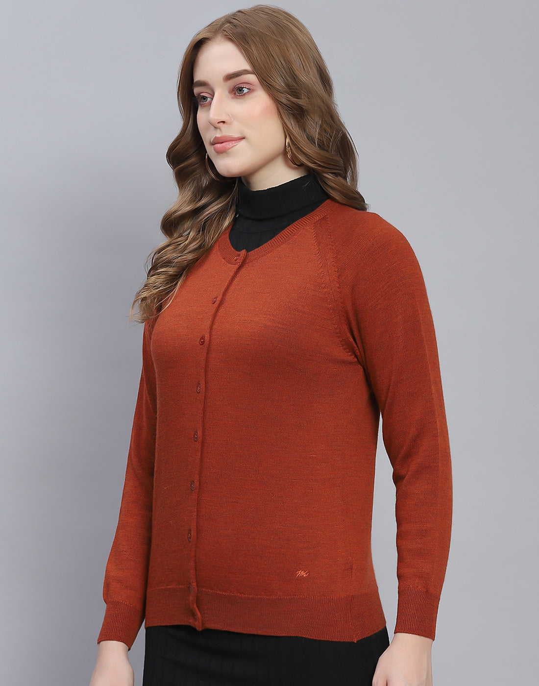 Women Rust Solid Round Neck Full Sleeve Cardigan