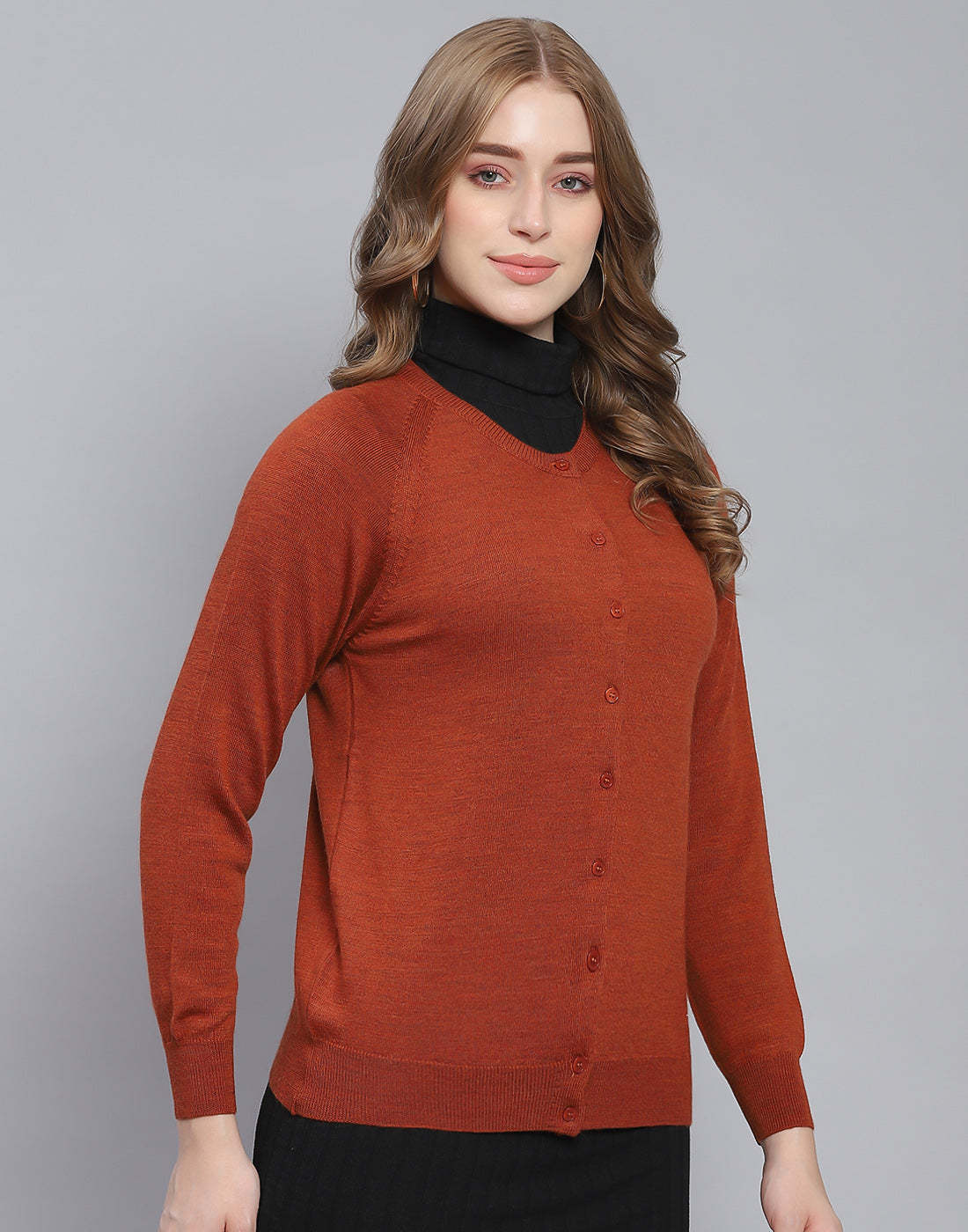 Women Rust Solid Round Neck Full Sleeve Cardigan