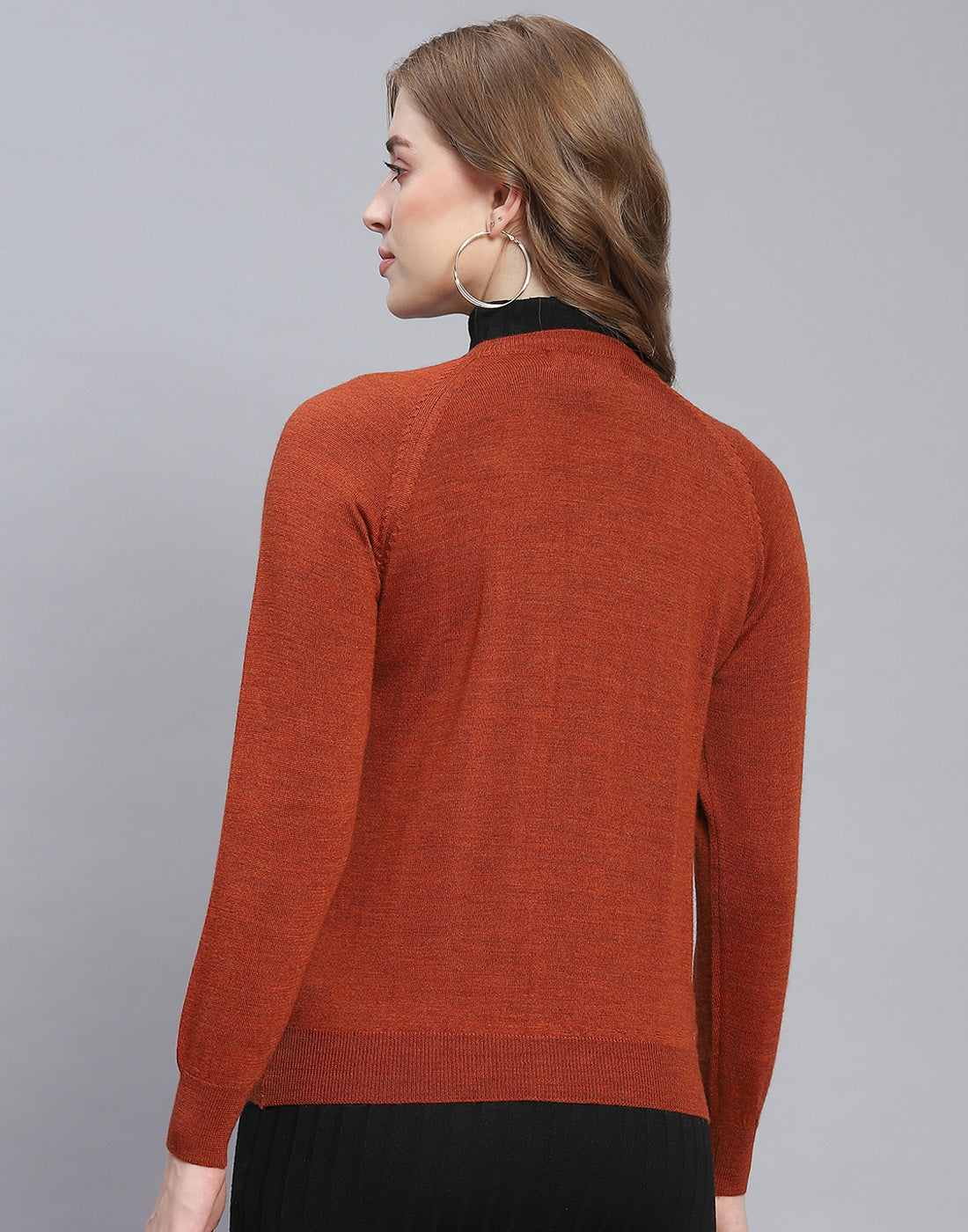 Women Rust Solid Round Neck Full Sleeve Cardigan