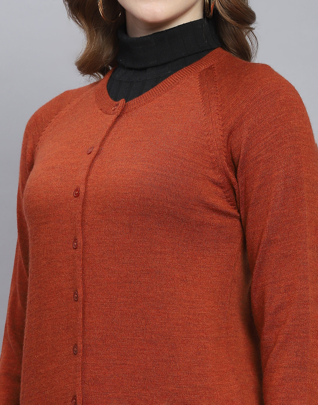 Women Rust Solid Round Neck Full Sleeve Cardigan