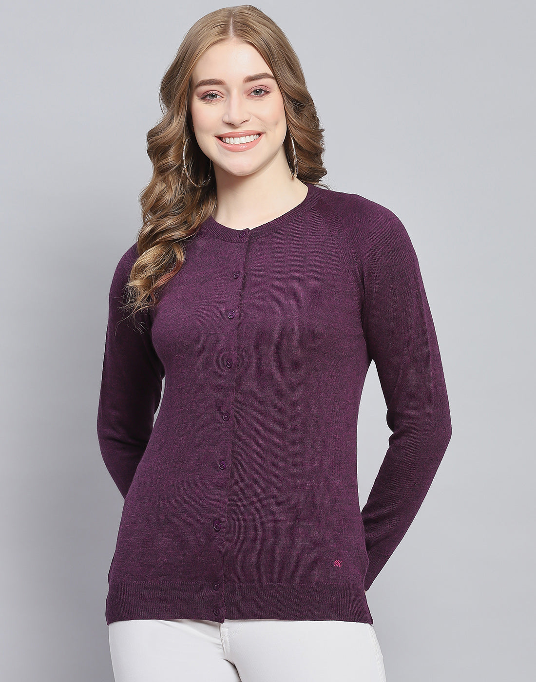 Women Maroon Solid Round Neck Full Sleeve Cardigan