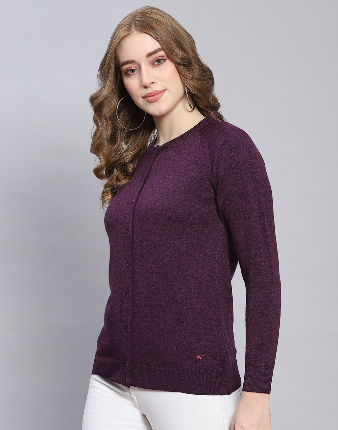 Women Maroon Solid Round Neck Full Sleeve Cardigan