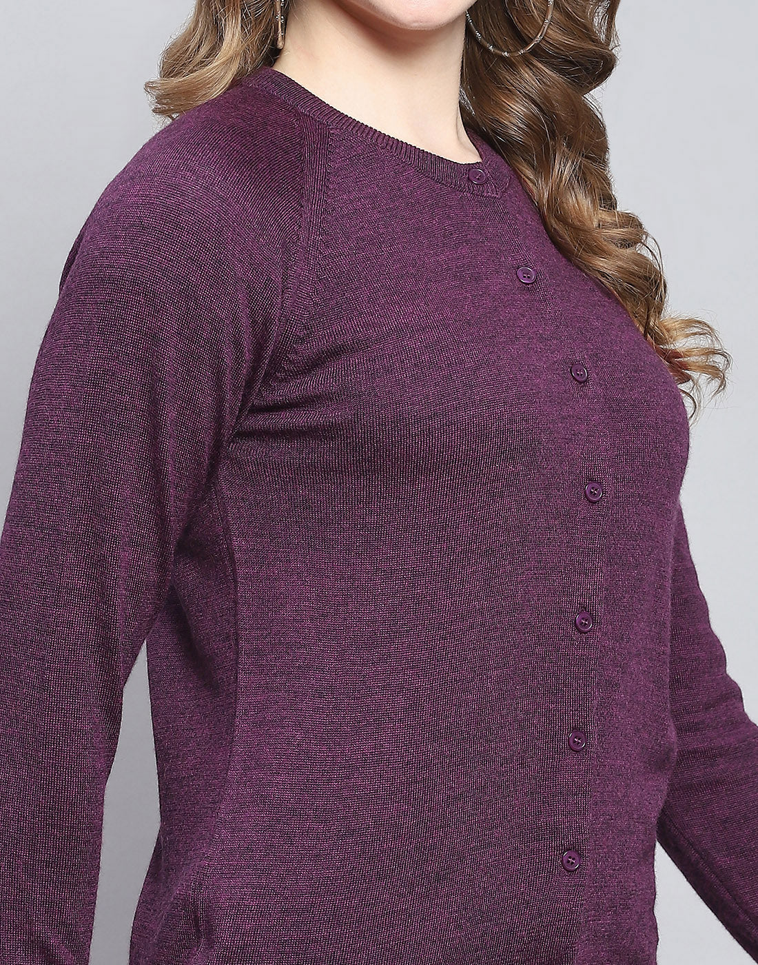 Women Maroon Solid Round Neck Full Sleeve Cardigan