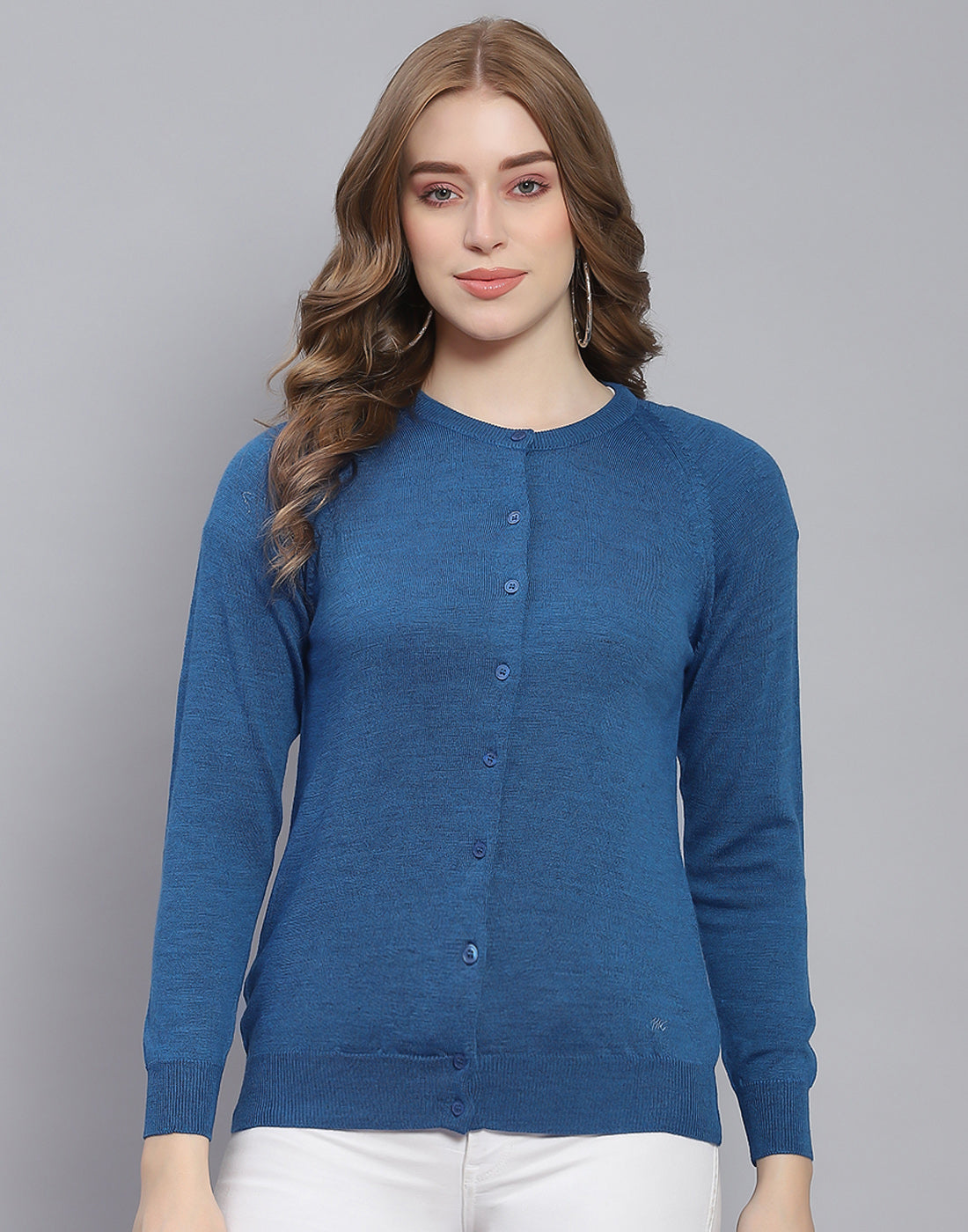 Women Blue Solid Round Neck Full Sleeve Cardigan