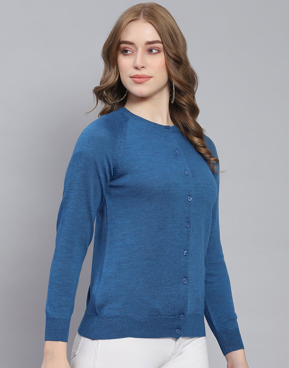 Women Blue Solid Round Neck Full Sleeve Cardigan