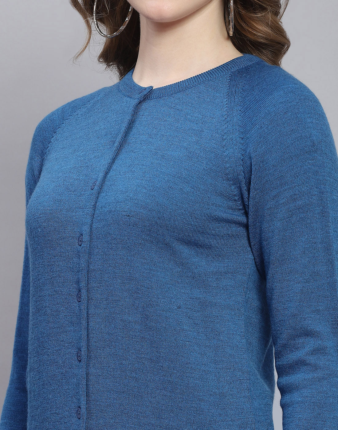 Women Blue Solid Round Neck Full Sleeve Cardigan