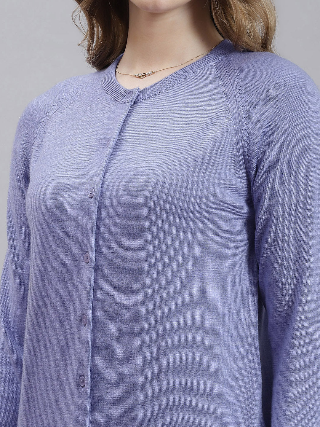 Women Purple Solid Round Neck Full Sleeve Cardigan