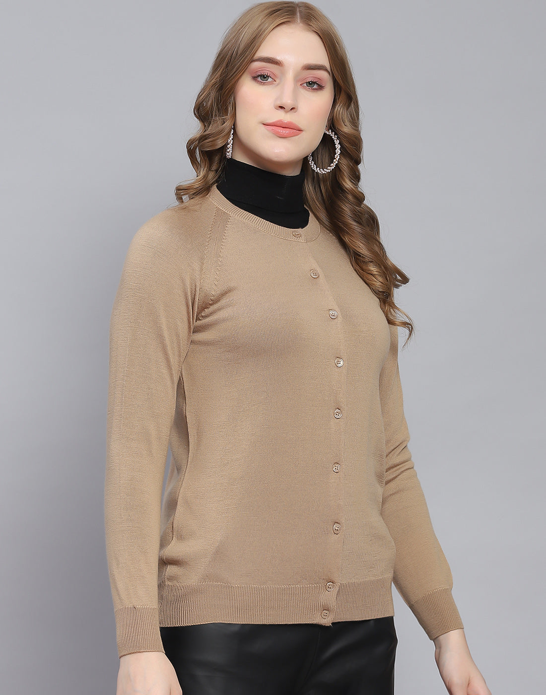 Women Brown Solid Round Neck Full Sleeve Cardigan