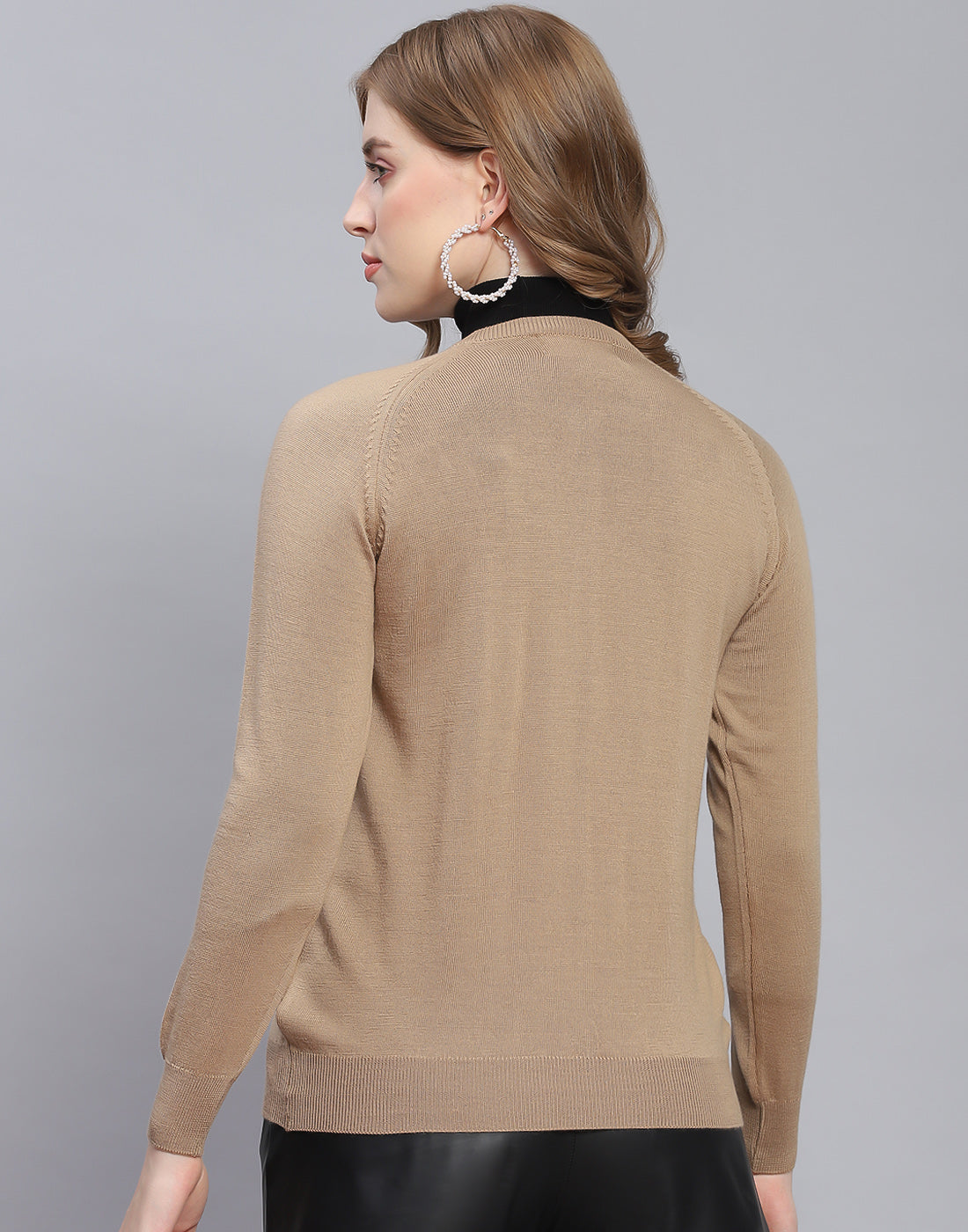 Women Brown Solid Round Neck Full Sleeve Cardigan