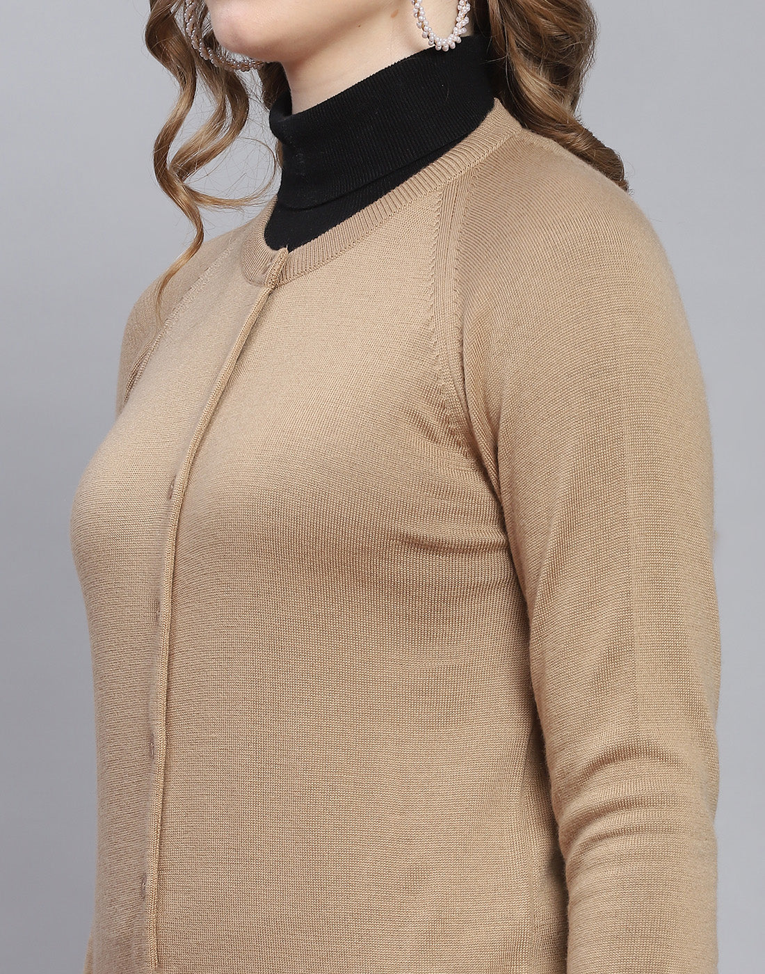 Women Brown Solid Round Neck Full Sleeve Cardigan