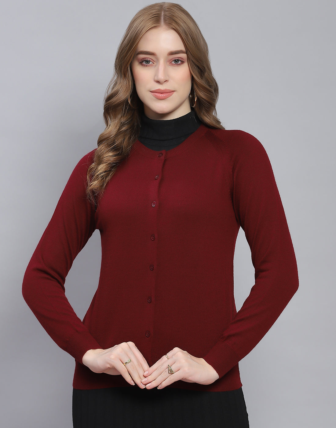 Women Maroon Solid Round Neck Full Sleeve Cardigan