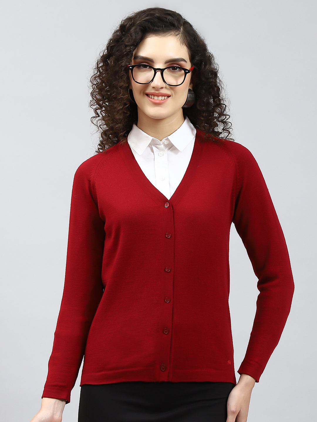 Women Maroon Solid V Neck Full Sleeve Cardigan