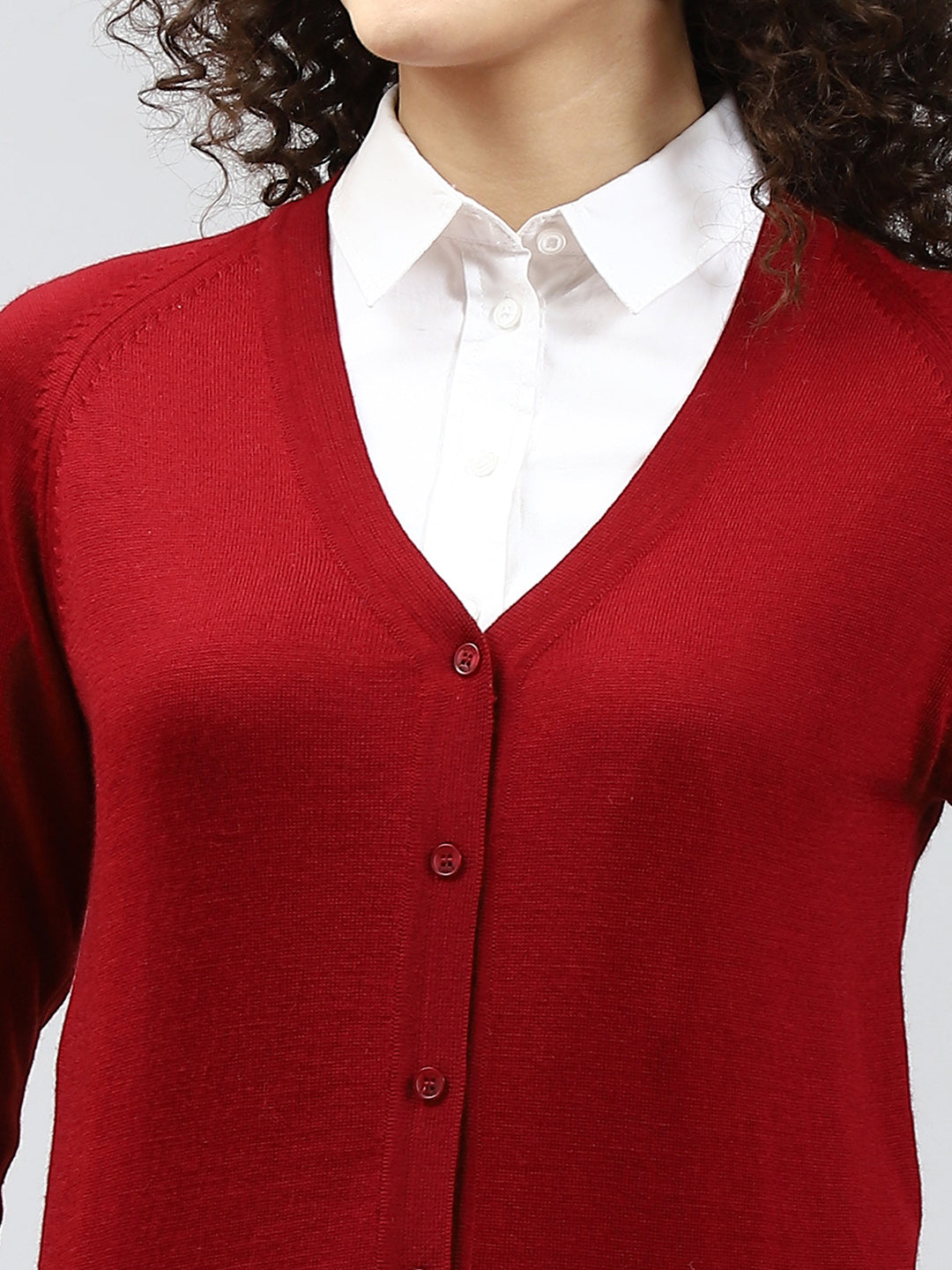 Women Maroon Solid V Neck Full Sleeve Cardigan