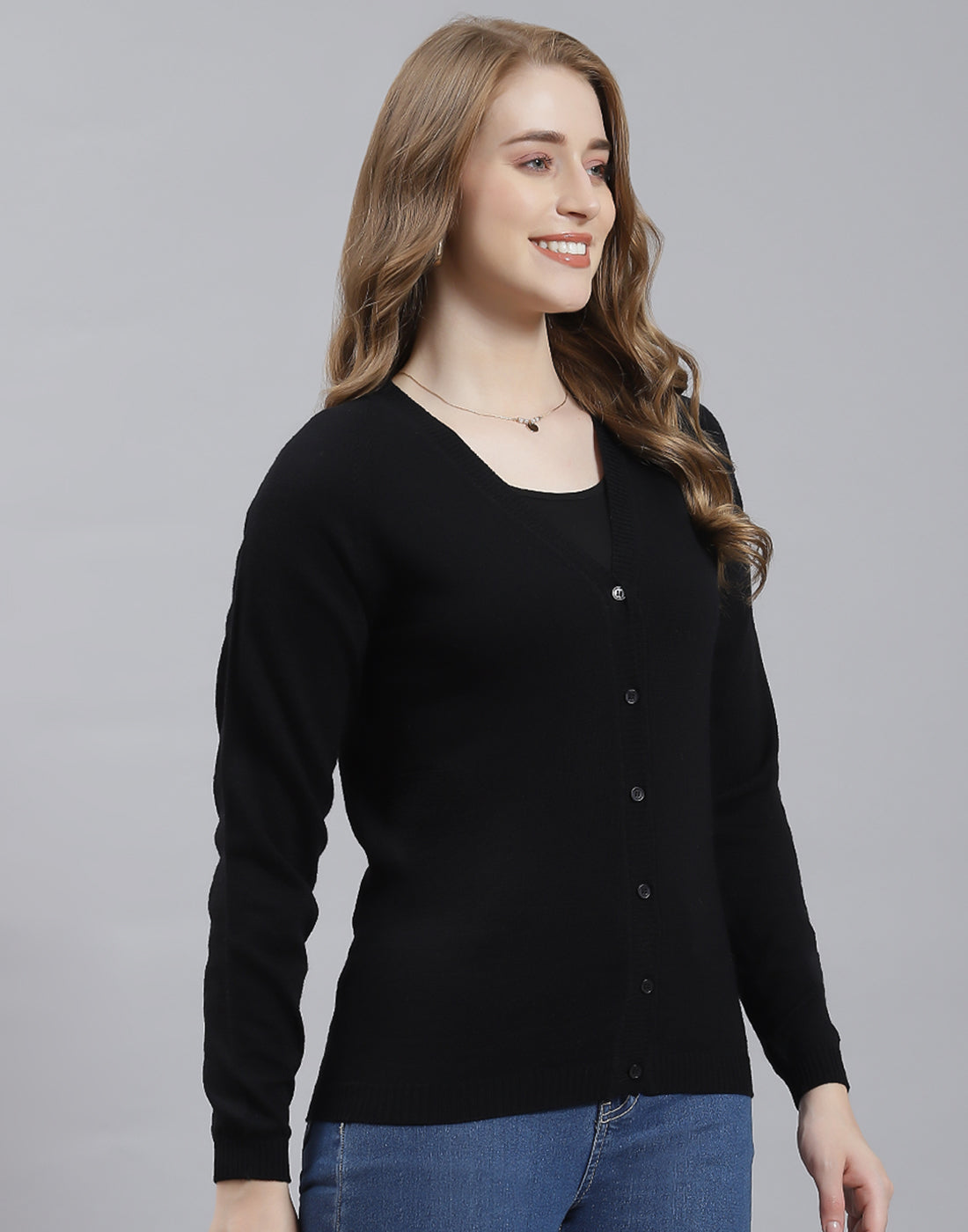 Women Black Solid V Neck Full Sleeve Cardigan