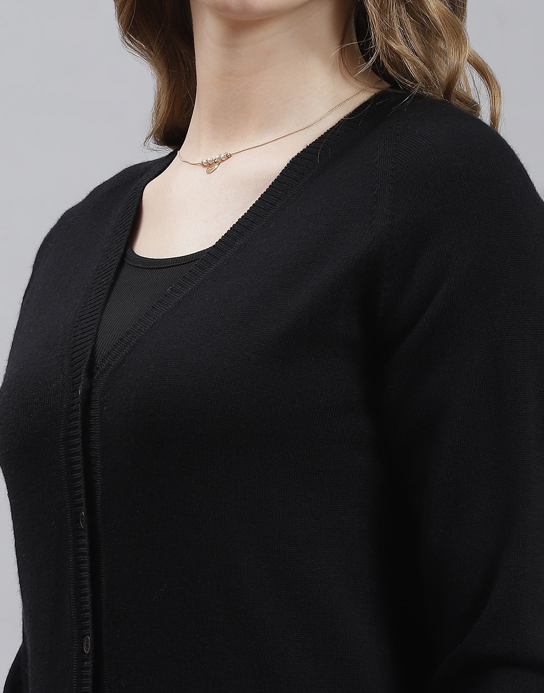 Women Black Solid V Neck Full Sleeve Cardigan