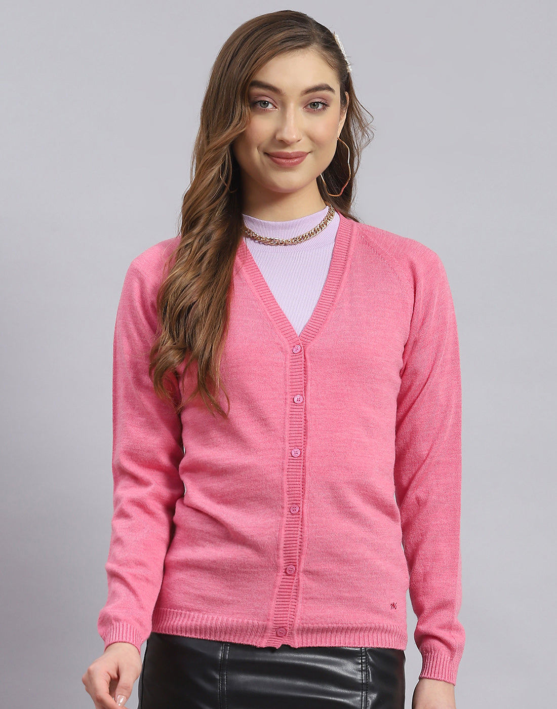 Women Pink Solid V Neck Full Sleeve Cardigan