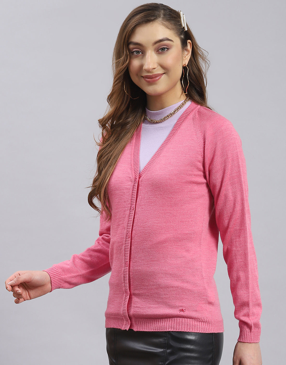 Women Pink Solid V Neck Full Sleeve Cardigan