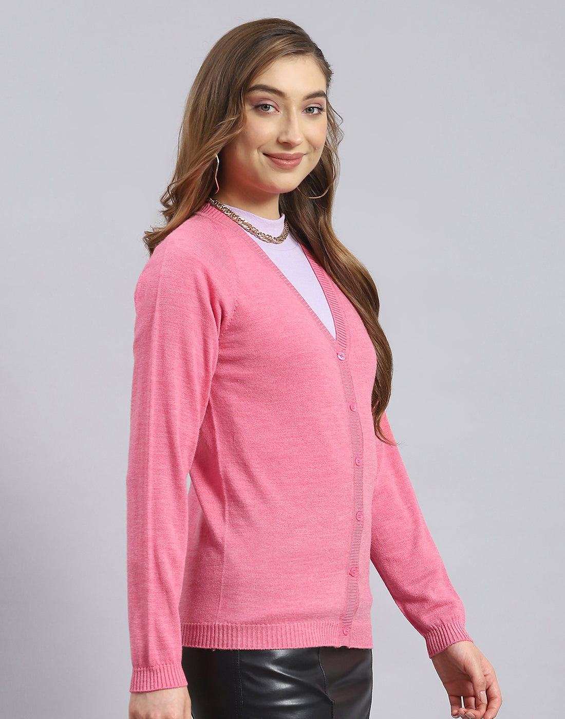 Women Pink Solid V Neck Full Sleeve Cardigan