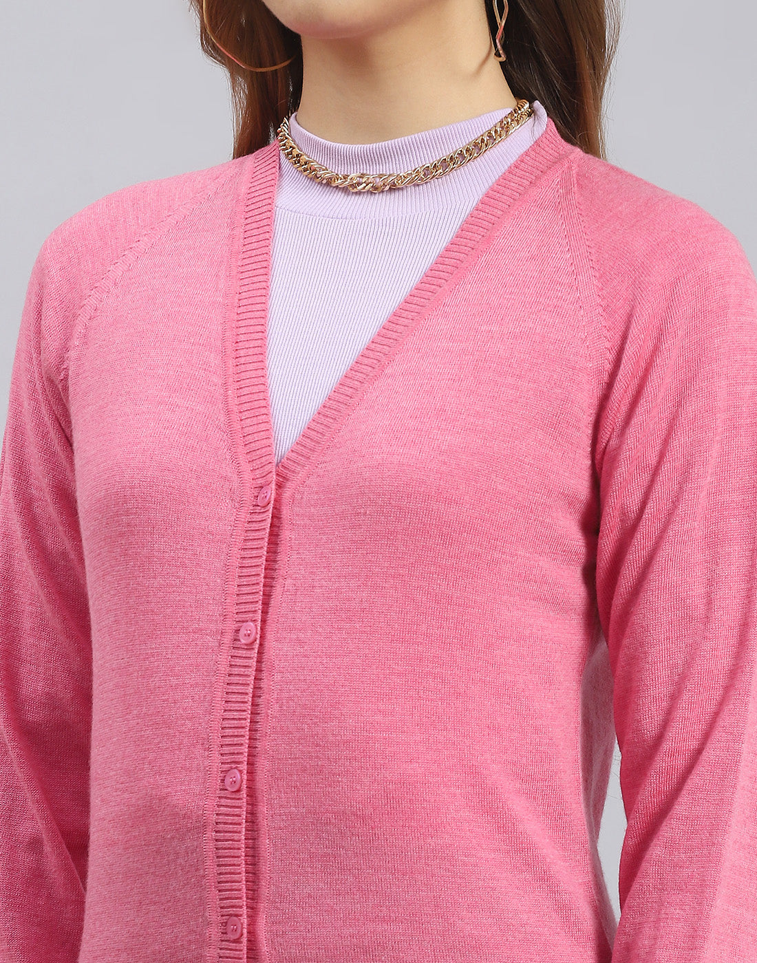 Women Pink Solid V Neck Full Sleeve Cardigan