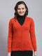 Women Red Solid V Neck Full Sleeve Cardigan