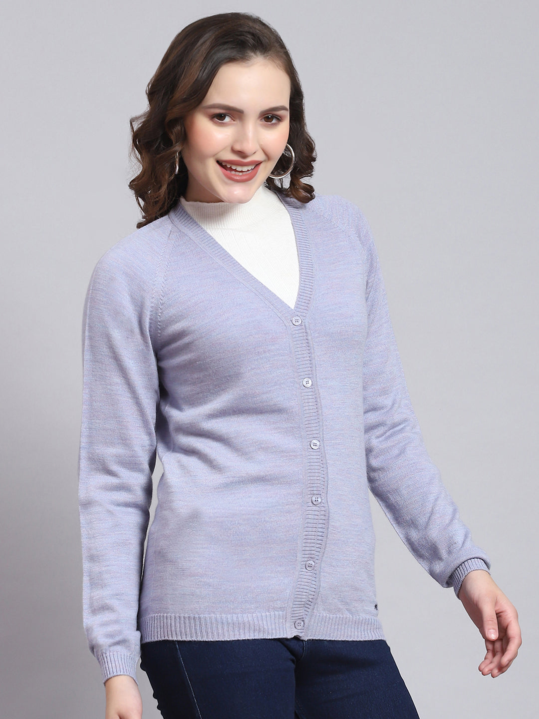 Women Purple Solid V Neck Full Sleeve Cardigan