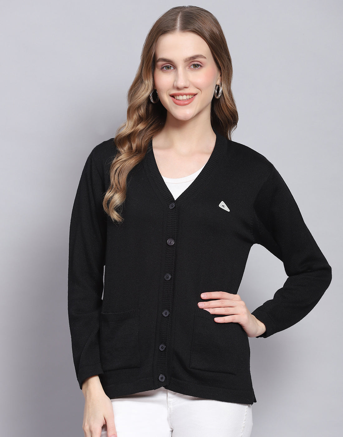 Women Black Solid V Neck Full Sleeve Cardigan