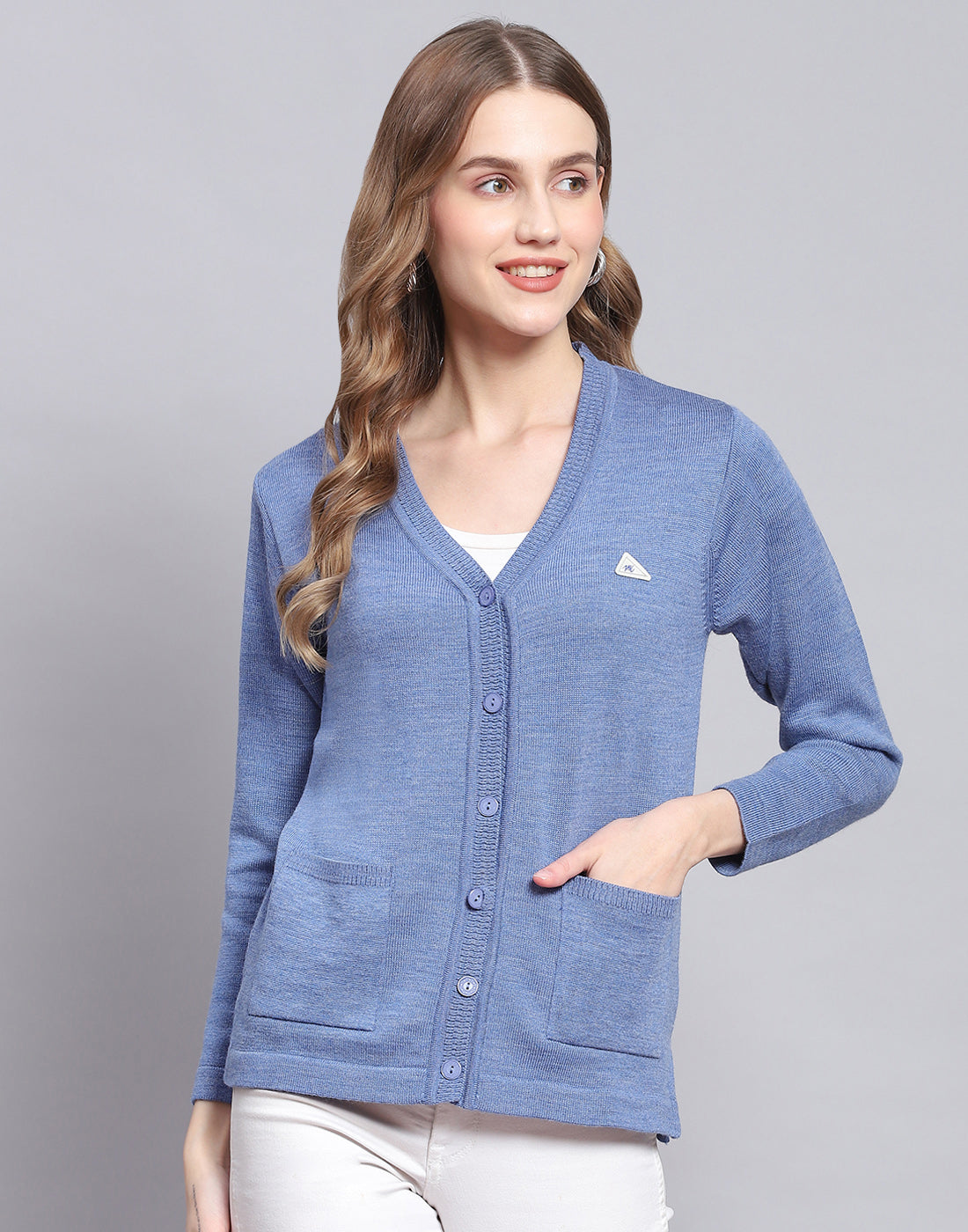 Women Blue Solid V Neck Full Sleeve Cardigan