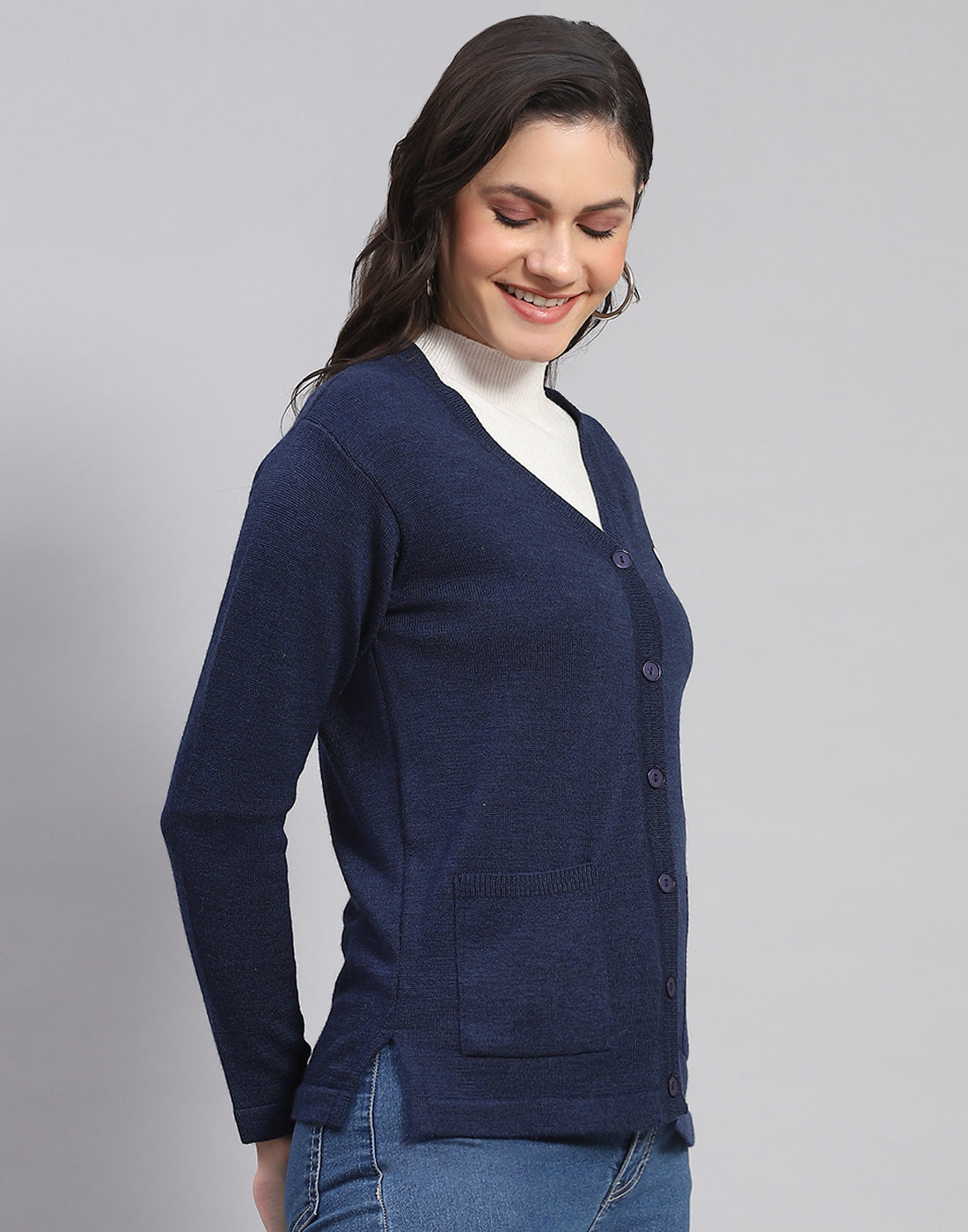 Women Navy Blue Solid V Neck Full Sleeve Cardigan