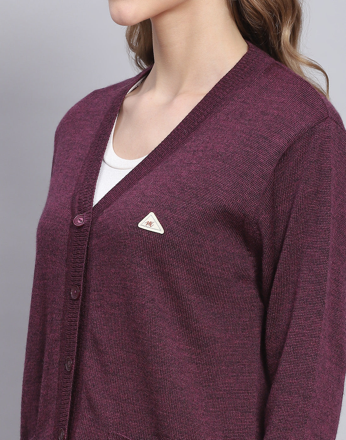 Women Maroon Solid V Neck Full Sleeve Cardigan