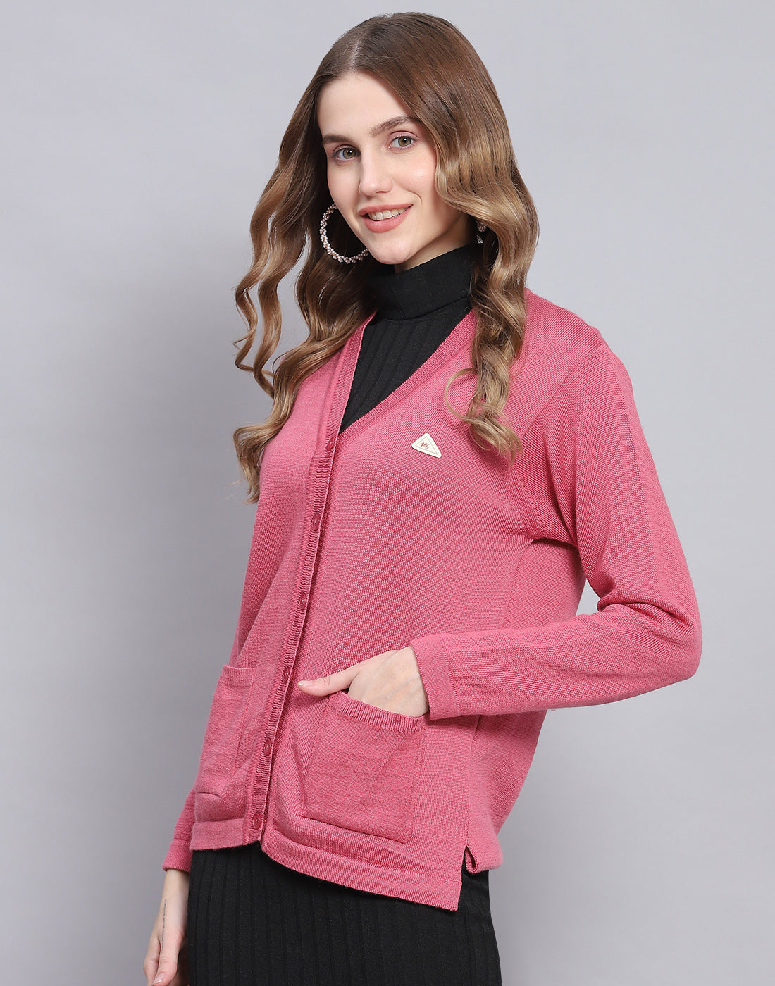 Women Pink Solid V Neck Full Sleeve Cardigan